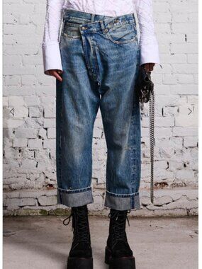 R13 Drop Crotch Crossover Jeans Denim Blue Sz 29 Distressed Grunge $695